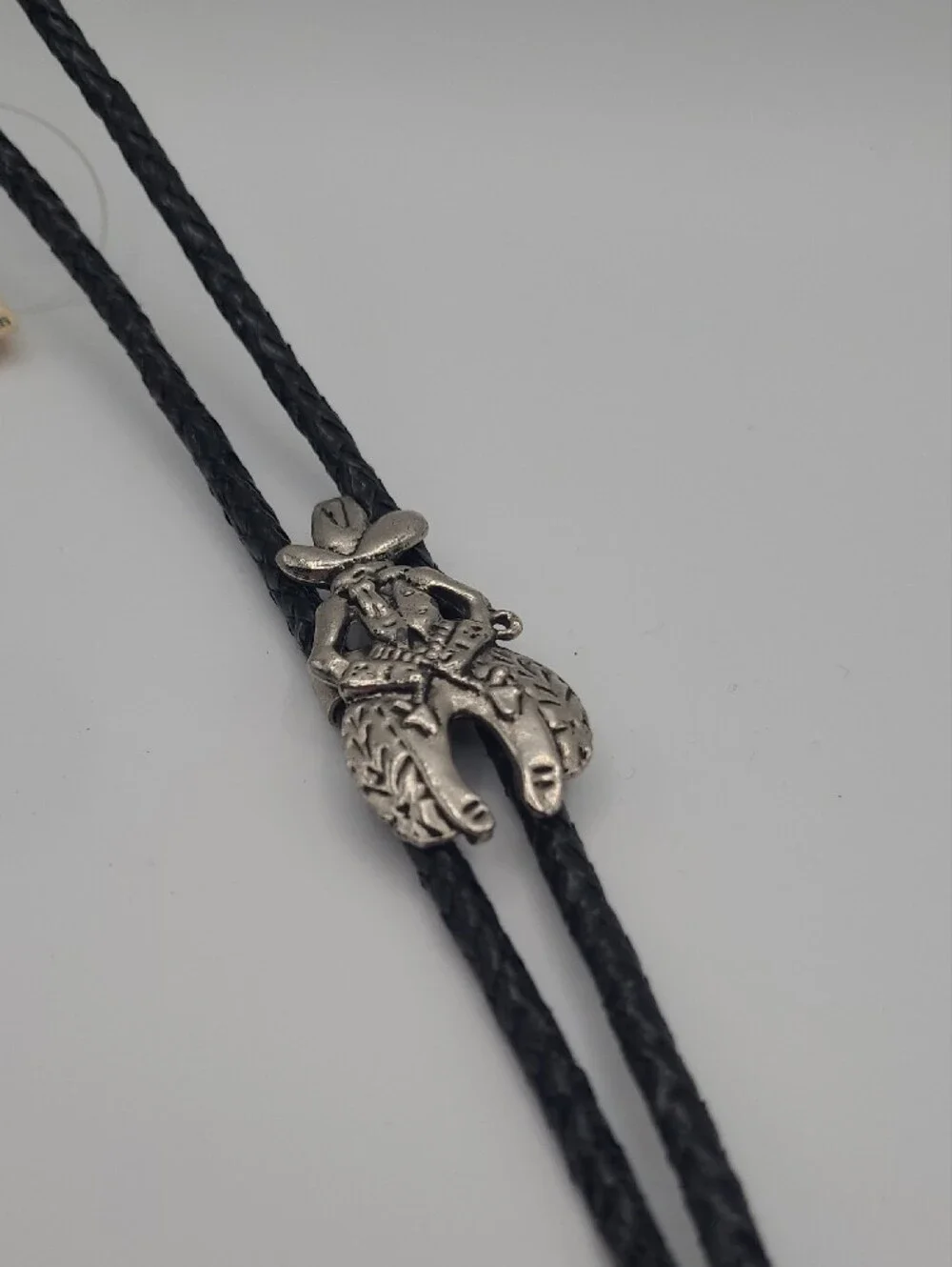 Western Black Leather Bolo Tie with Silver-Tone Floral Slide